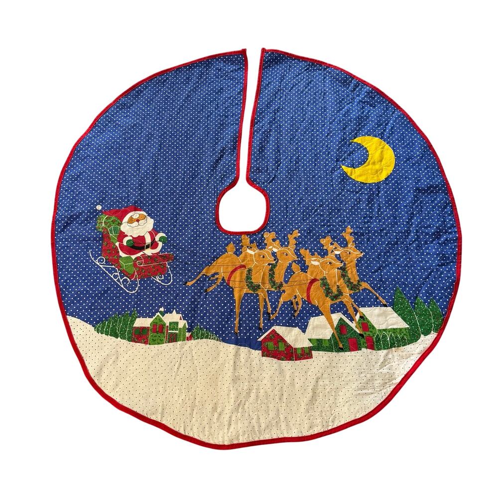 Vintage 1970s Santa and Reindeer Village at Night Christmas Tree Skirt 33"